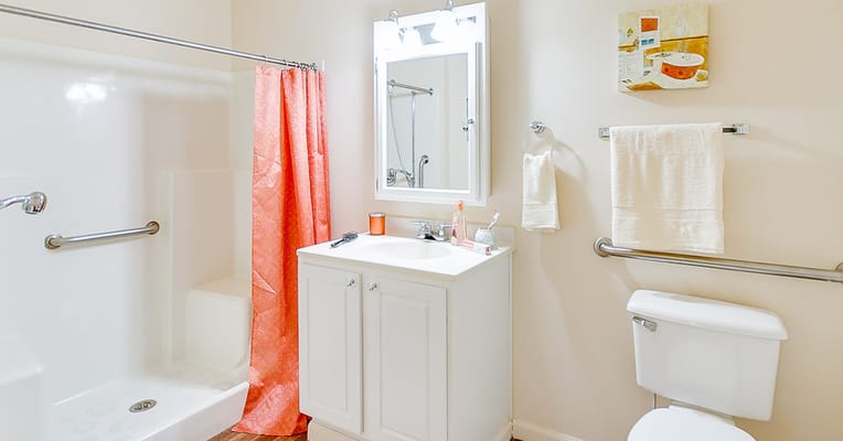 Bright bathroom in a senior living facility