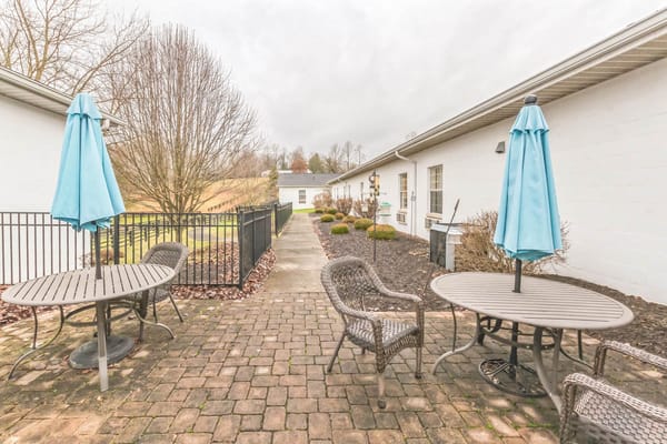 Outdoor seating area with umbrellas and tables