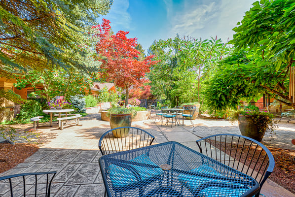 Beautiful garden area with seating and colorful plants