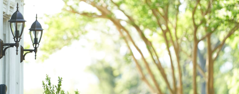 Exterior details of a senior living facility with greenery