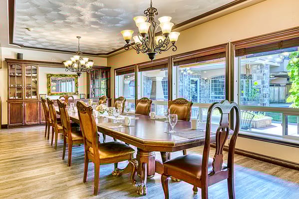 Dining room set up for a meal in the facility