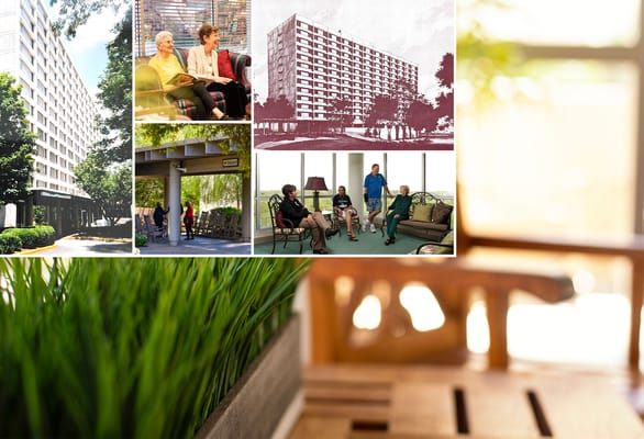 Residents enjoying time together in a common area with greenery