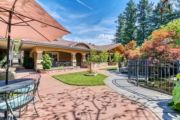 Outdoor view of a landscaped courtyard with seating