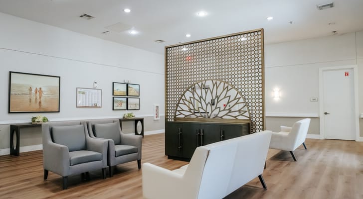 A bright and modern common area with seating