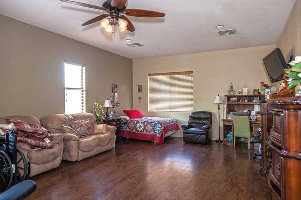 Cozy resident room with furniture and decorations
