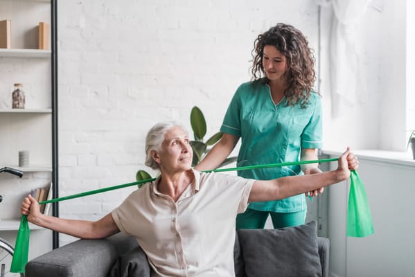 Resident doing exercise with caregiver in a bright interior