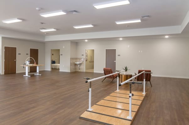 Interior view of a rehabilitation room with equipment