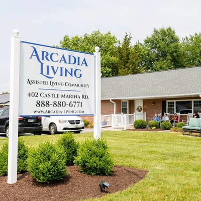 Exterior view of Arcadia Living's entrance sign