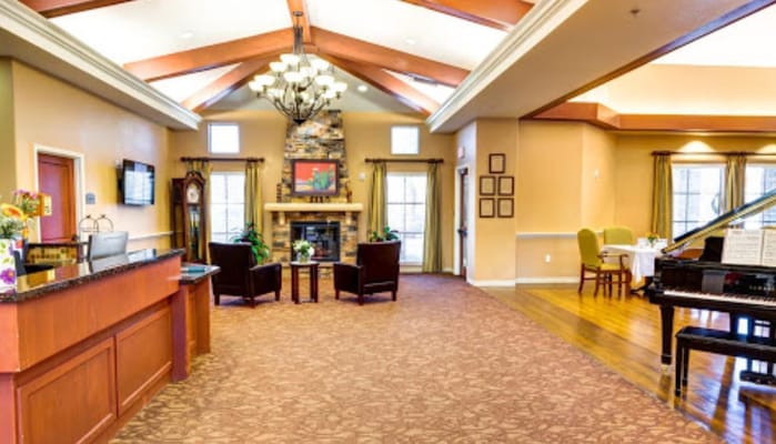Interior view of a cozy common area with seating