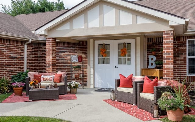 Welcoming outdoor seating area at the facility entrance