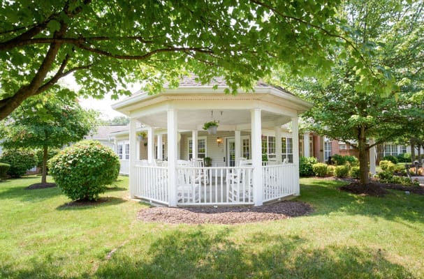 Outdoor gazebo surrounded by greenery