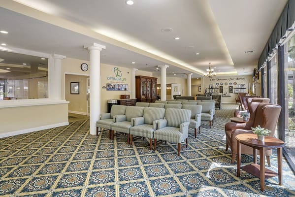 Spacious lounge area in a senior living facility