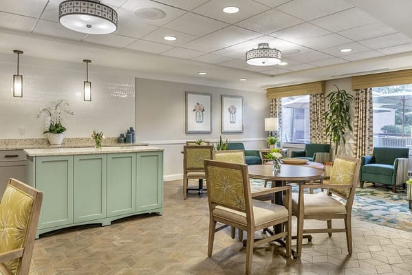 Bright common area with seating and decor