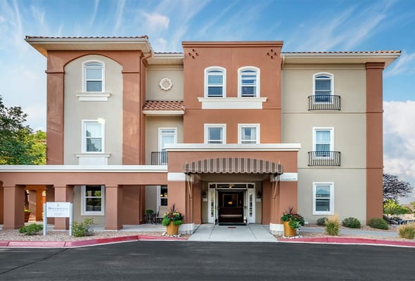 Exterior view of the assisted living facility with entrance