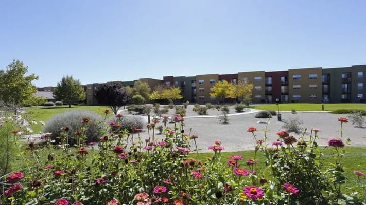 Outdoor garden area with colorful flowers and buildings