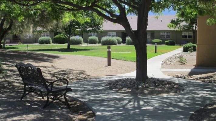 Pathway with benches and landscaped garden