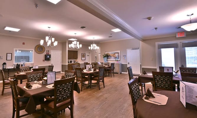 Interior view of the dining area with tables and chairs