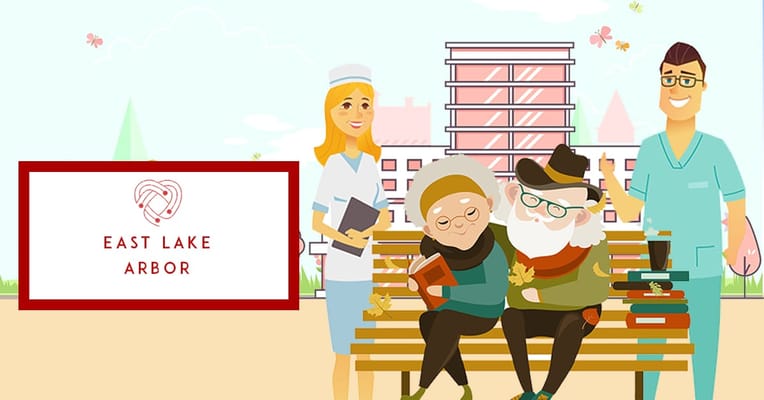 Residents and staff interacting in a lively outdoor setting