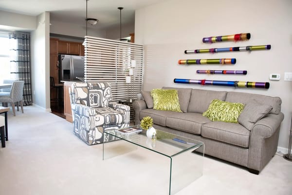 Bright living room with colorful decor and modern furnishings
