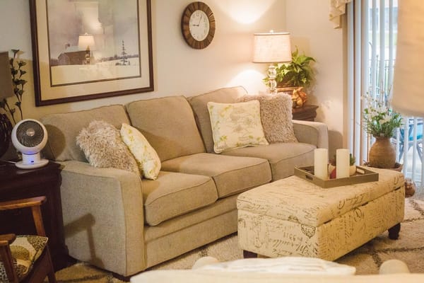 Cozy living room setting with a comfortable sofa