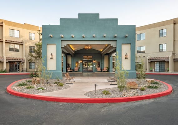 Exterior view of a senior living facility entrance