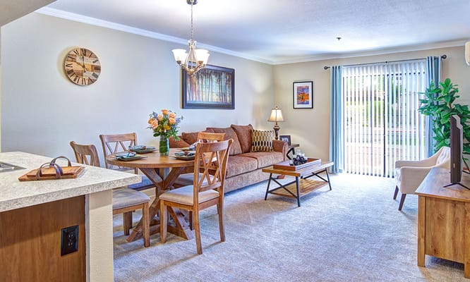 Bright living room setup with dining area