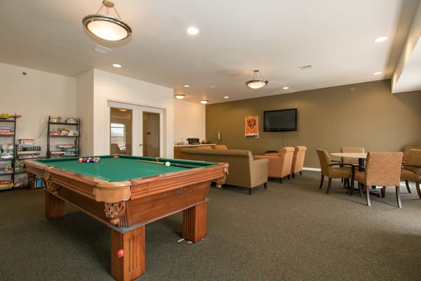 Bright common area with a pool table and seating