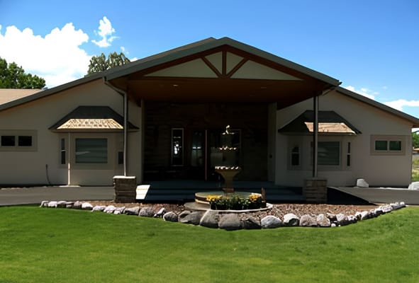 Front entrance of Grandview Care Lodge with landscaping