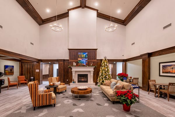 Bright, festive interior lounge with holiday decorations