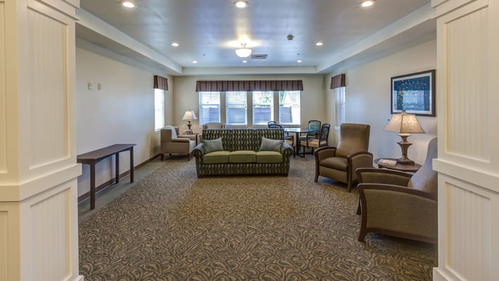 A cozy common area in a memory care facility