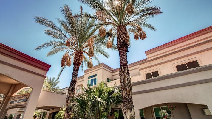 Exterior view of the facility with palm trees