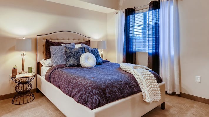 Cozy bedroom with a purple theme and natural light