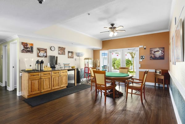 Common area with seating and outdoor access