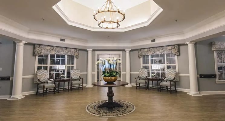 Bright lobby area with elegant decor and seating
