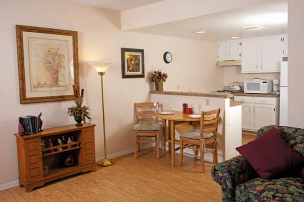 Cozy interior of a resident room with kitchenette