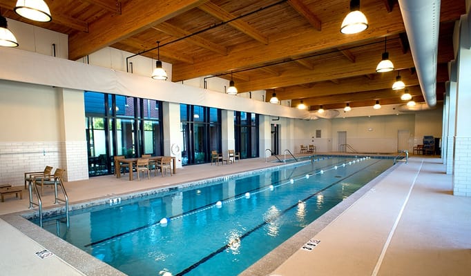 Indoor swimming pool with wooden ceiling and bright lighting