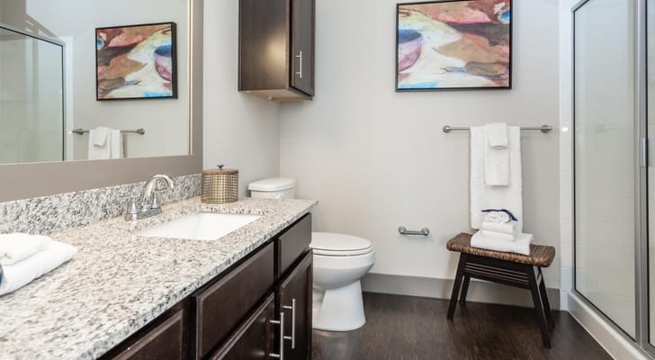 Modern bathroom with granite countertops and decorative art