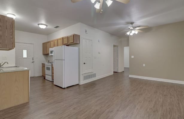 Interior view of a kitchen and living area in a senior living unit