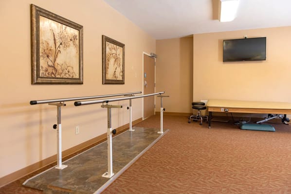 Inside view of a therapy room with parallel bars and artwork.