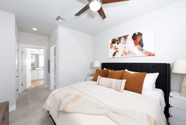 Cozy bedroom with stylish decor in assisted living facility