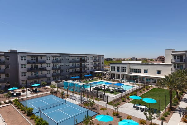 Aerial view of the outdoor amenities and pool area