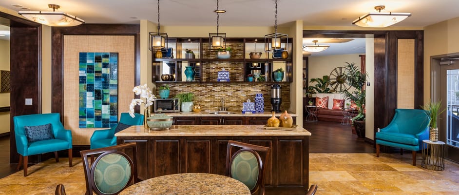 Bright common area with seating and decor