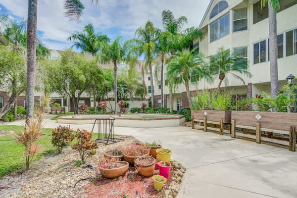 Outdoor area with landscaping and seating