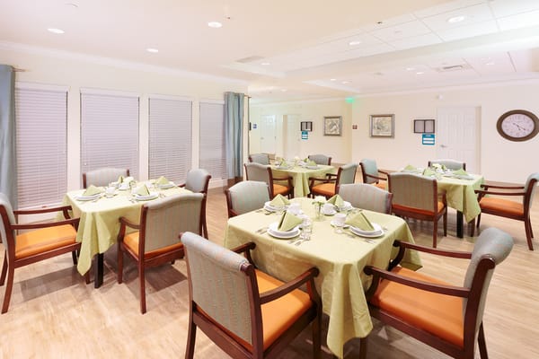 Elegant dining room setup in a care facility