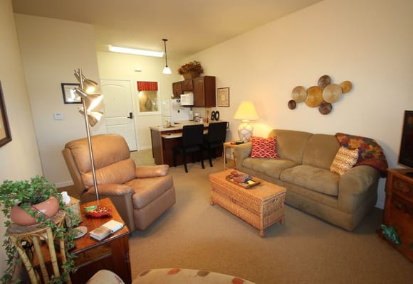 Cozy living room in a senior living unit