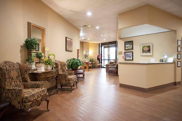 Interior view of a common area with seating and decorations
