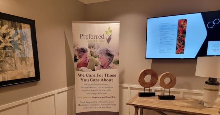 Interior view with a banner displaying care services