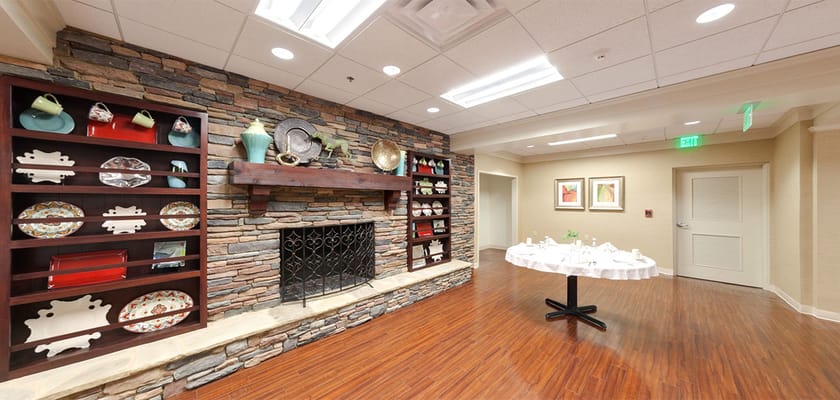 Elegant dining area with stone accents and decor