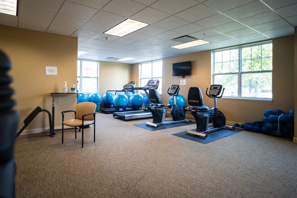 Well-equipped fitness center with exercise bikes and stability balls