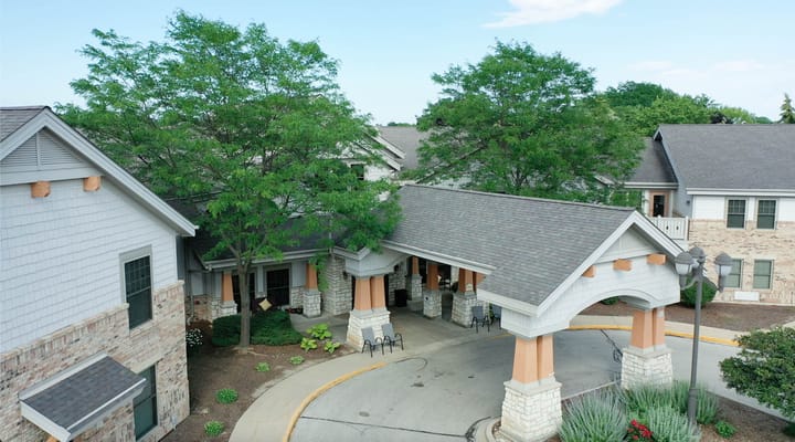 Aerial view of the facility entrance with landscaped surroundings